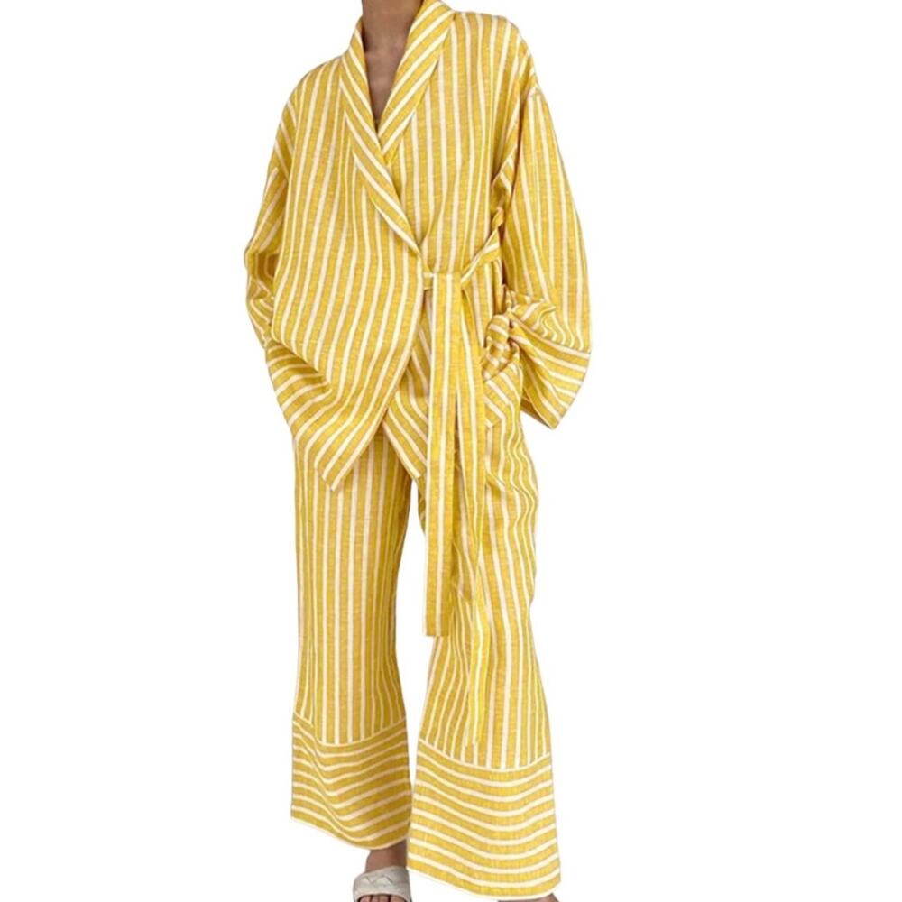 Commense Women's Large Yellow White Striped Oversize Knotted Striped Pants Set